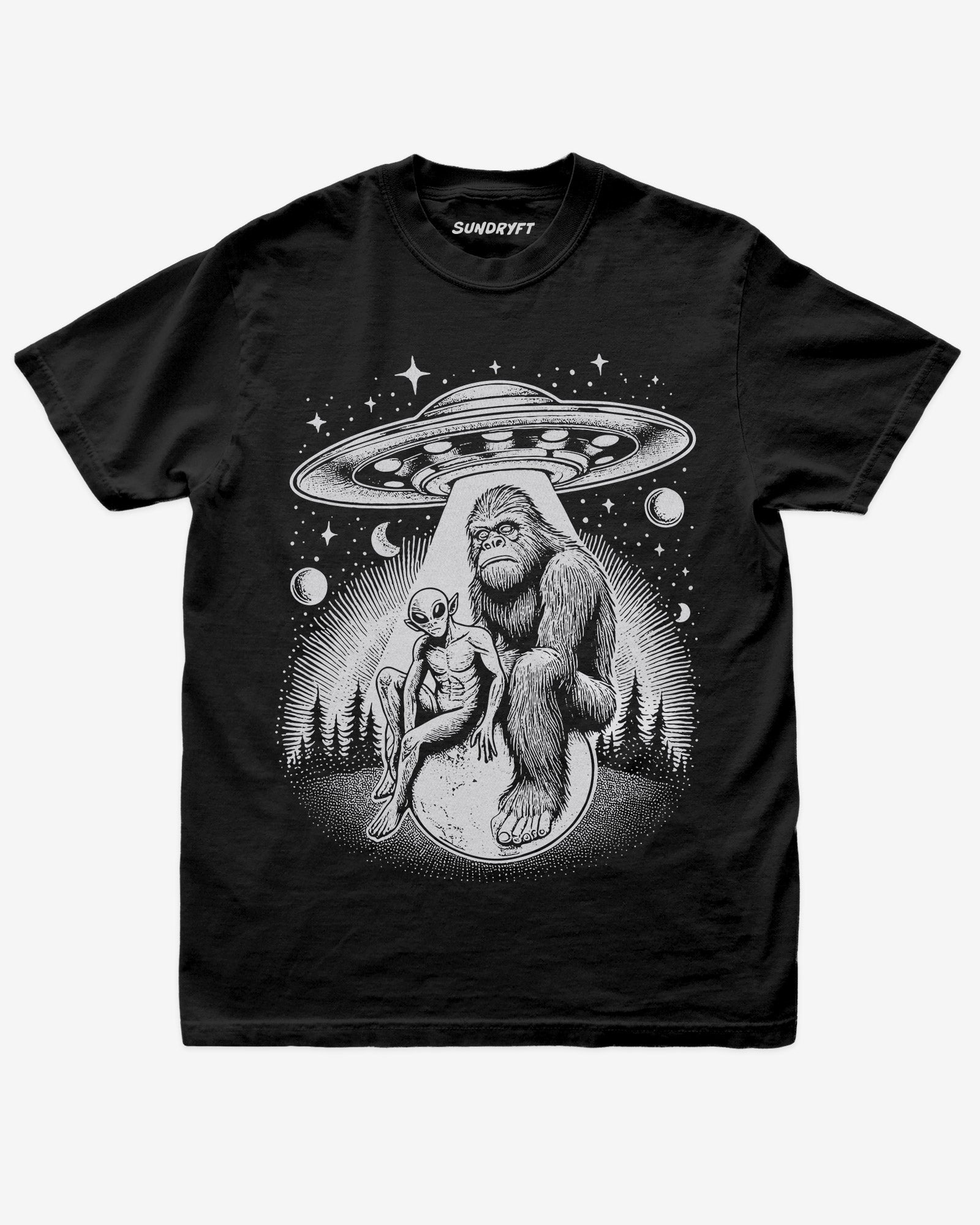 Bigfoot Alien UFO Shirt on black tee with retro cosmic forest design