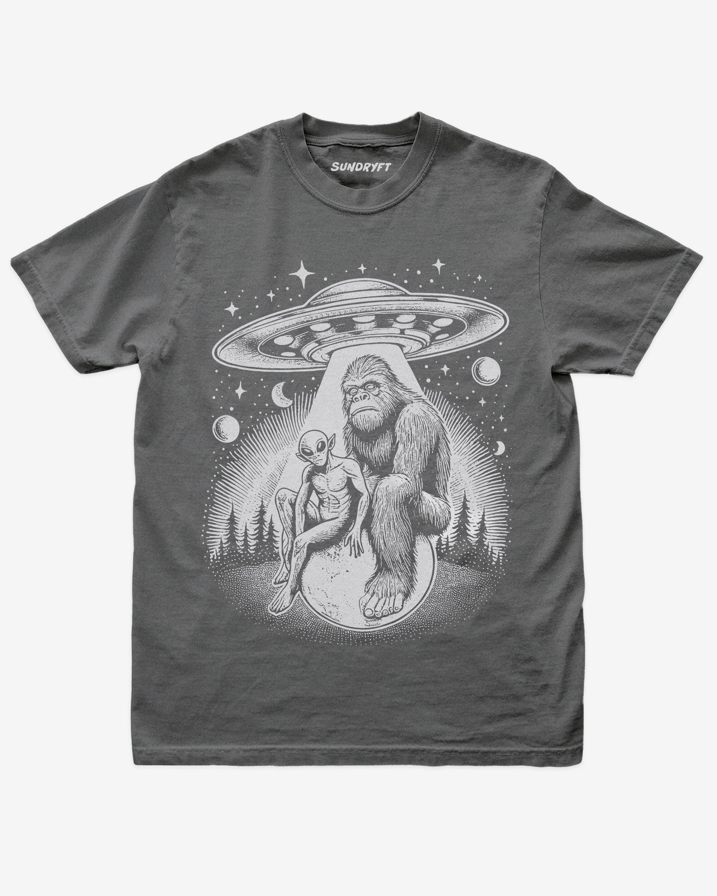 Bigfoot Alien UFO Shirt on pepper tee with retro cosmic forest design