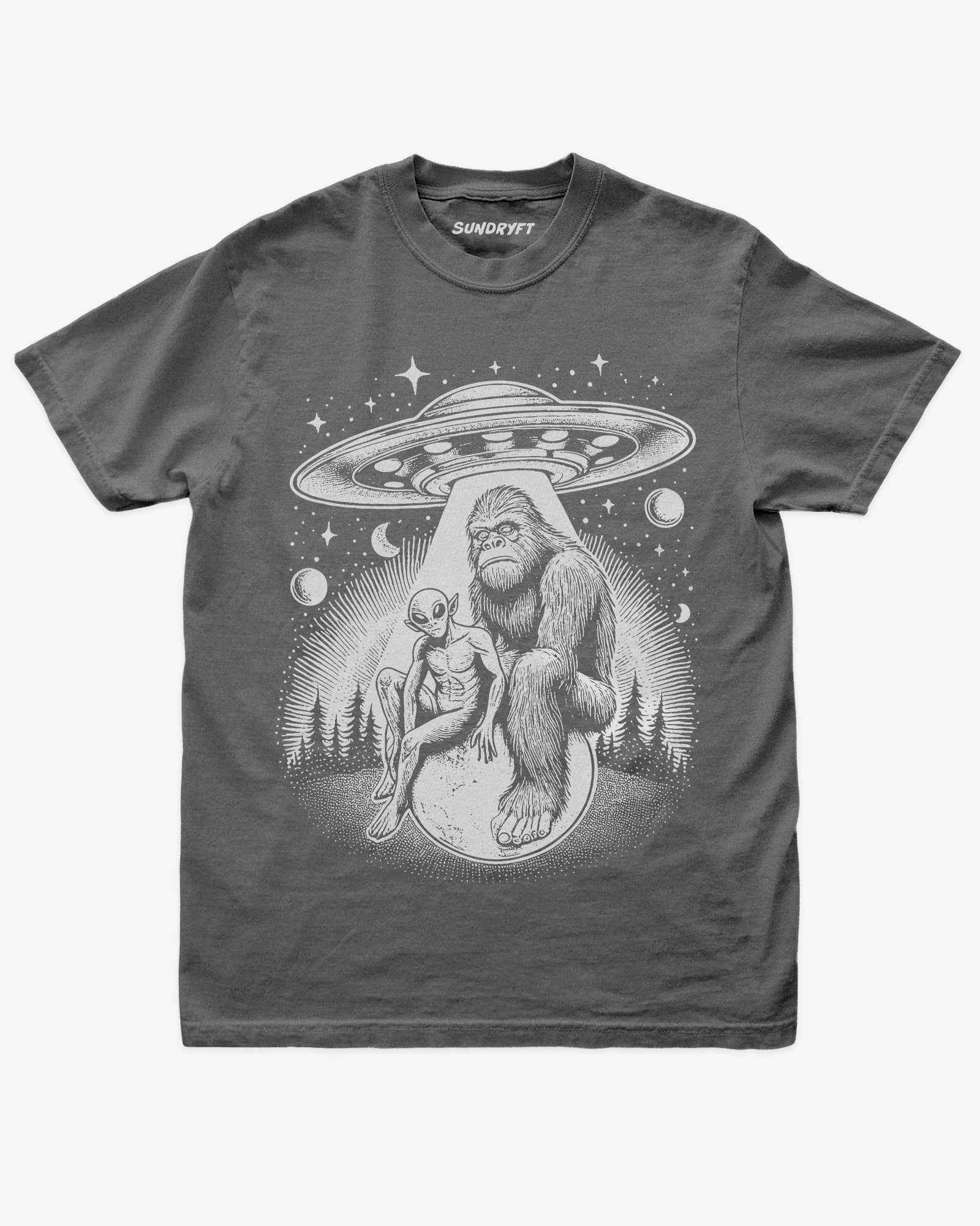 Bigfoot Alien UFO Shirt on pepper tee with retro cosmic forest design