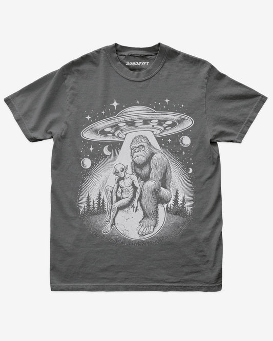 Bigfoot Alien UFO Shirt on pepper tee with retro cosmic forest design