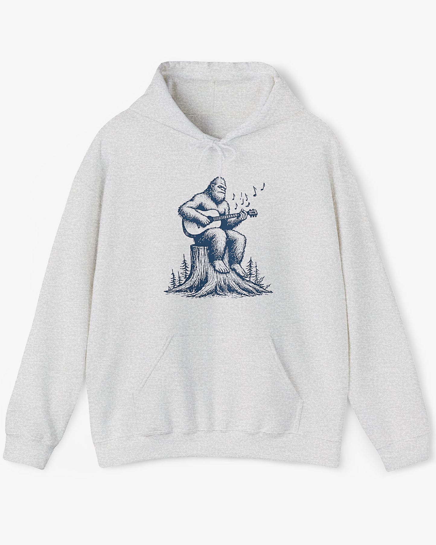 Flat lay ash gray hoodie with funny retro Bigfoot playing guitar graphic