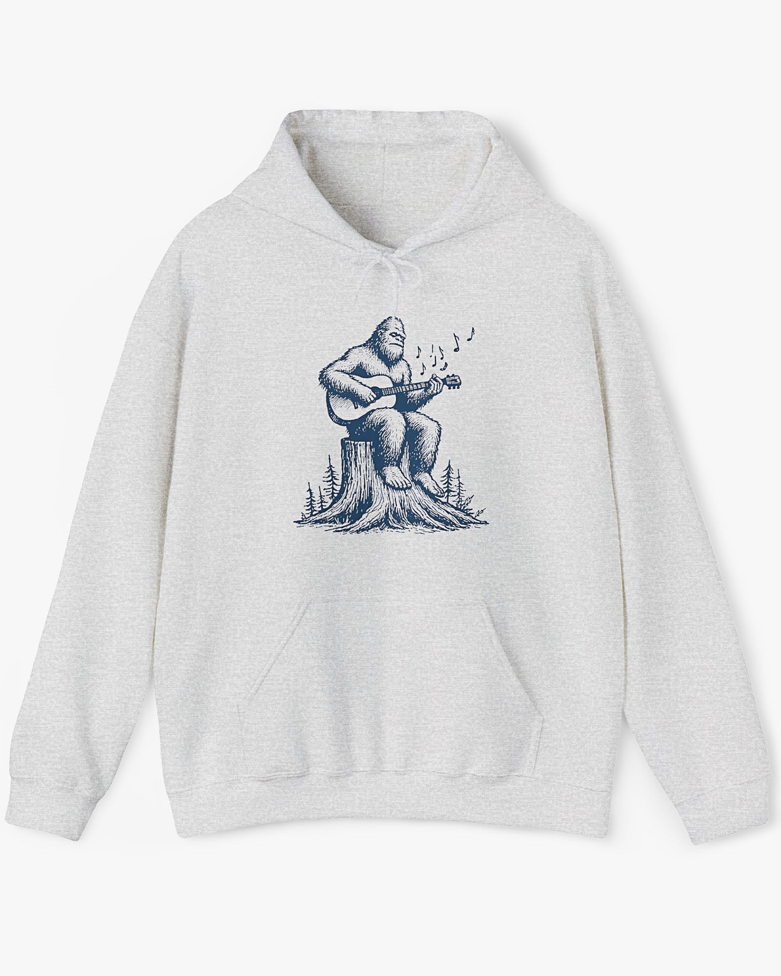 Flat lay ash gray hoodie with funny retro Bigfoot playing guitar graphic