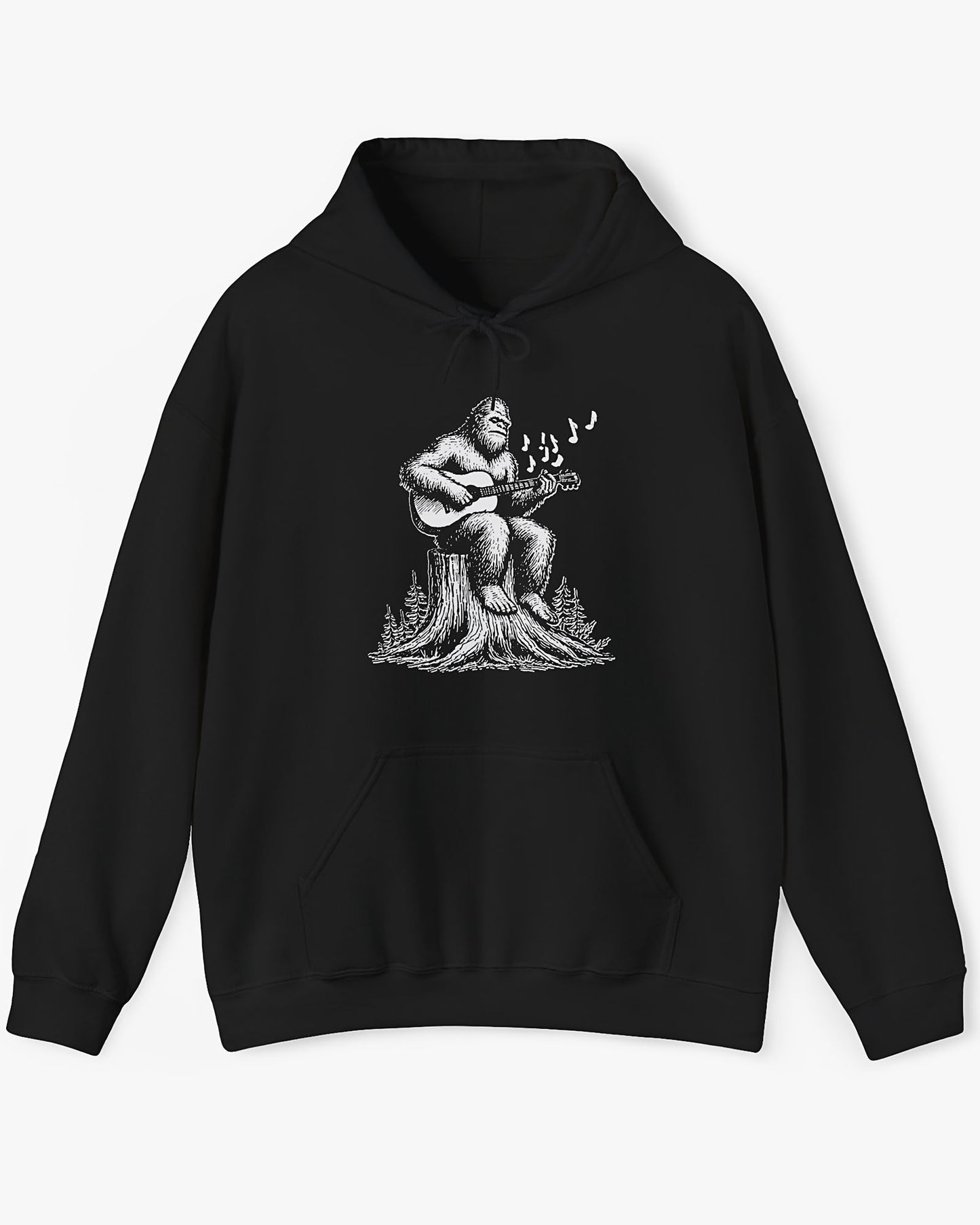 Flat lay black hoodie with funny retro Bigfoot playing guitar graphic