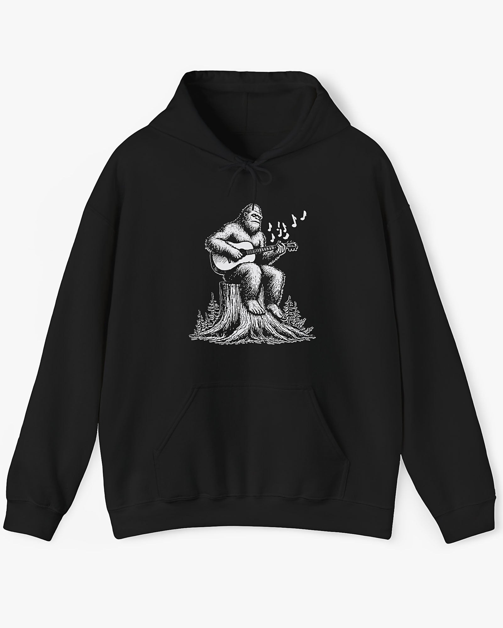 Flat lay black hoodie with funny retro Bigfoot playing guitar graphic