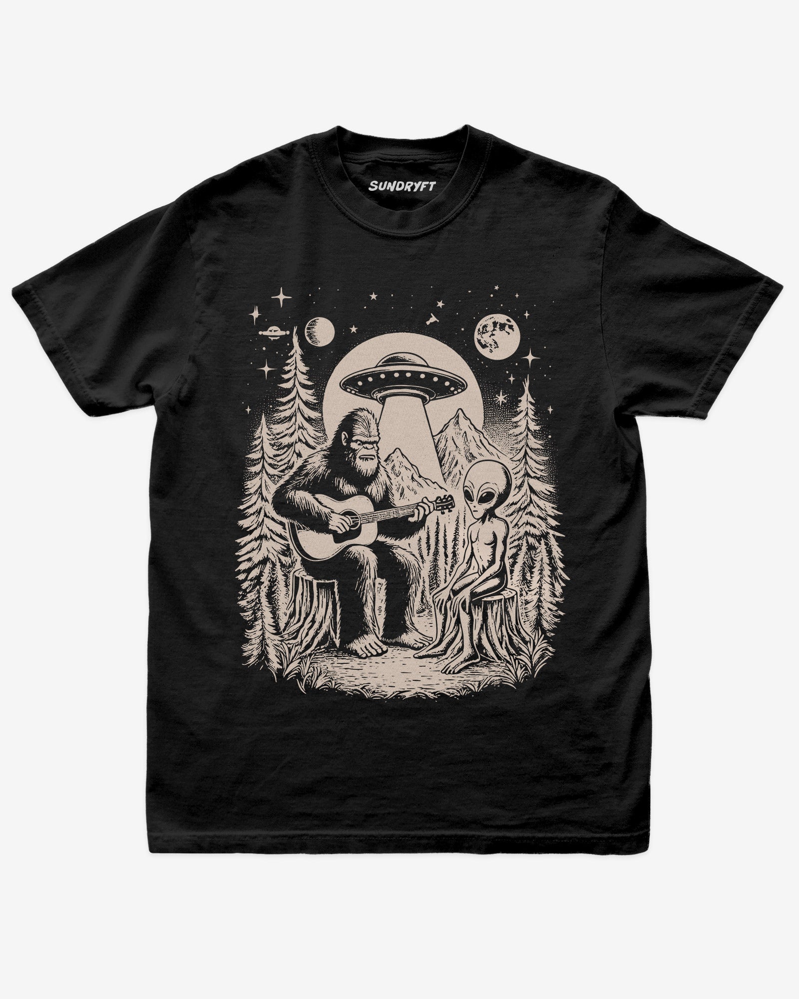 Bigfoot Playing Guitar With Alien And UFO Shirt on black tee with funny forest UFO design
