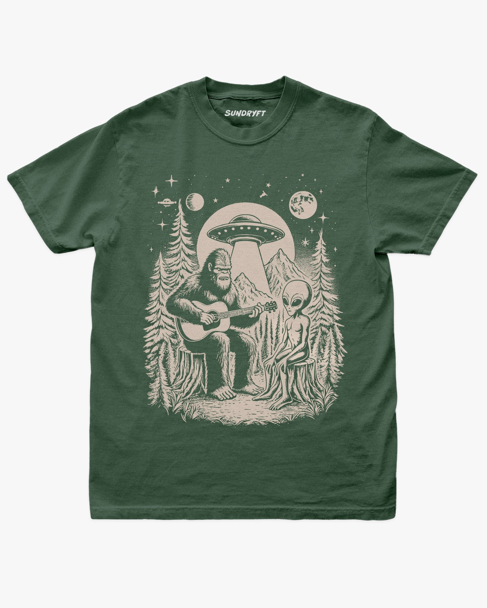 Bigfoot Playing Guitar With Alien And UFO Shirt on blue spruce tee with funny forest UFO design