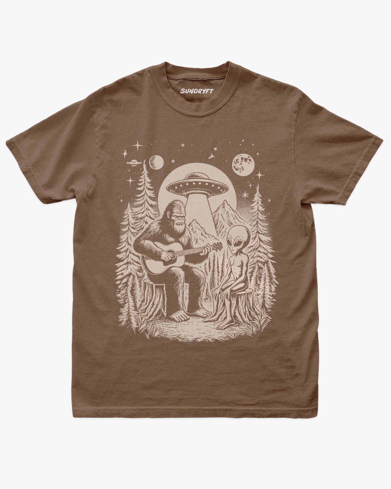 Bigfoot Playing Guitar With Alien And UFO Shirt on espresso brown tee with funny forest UFO design