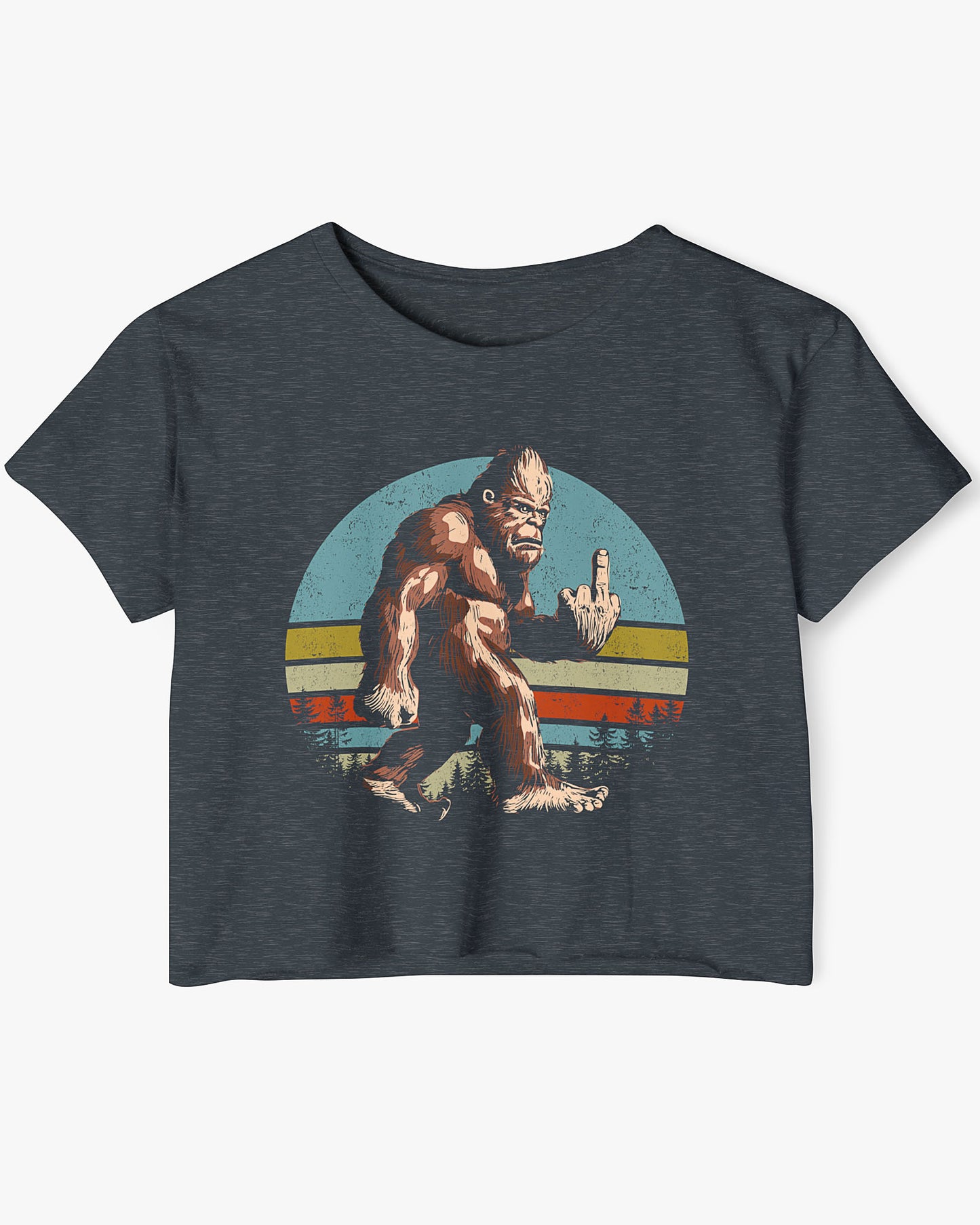Flat lay of a antique denim crop top with a funny retro-style Bigfoot flipping the middle finger graphic.