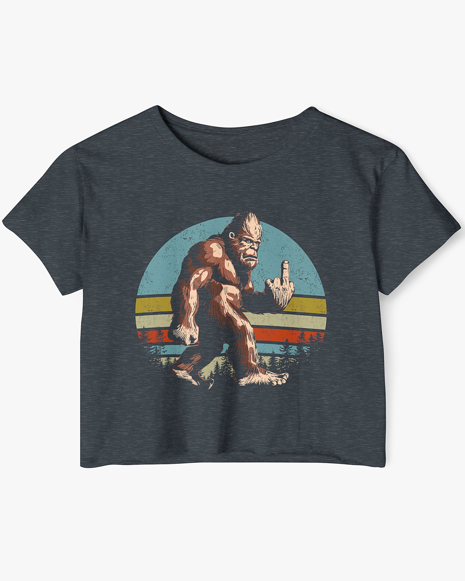 Flat lay of a antique denim crop top with a funny retro-style Bigfoot flipping the middle finger graphic.