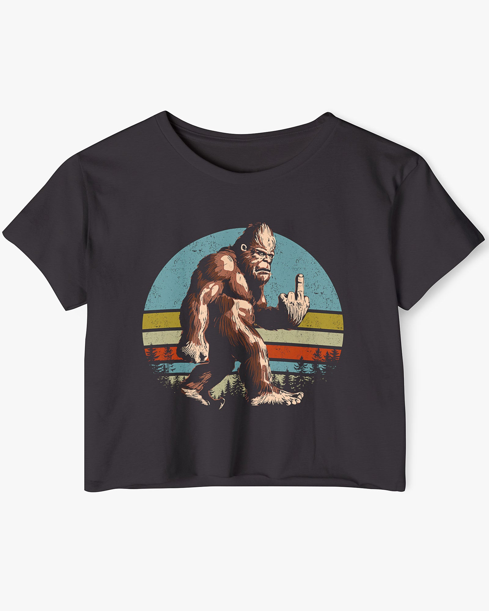 Flat lay of a black crop top with a funny retro-style Bigfoot flipping the middle finger graphic.