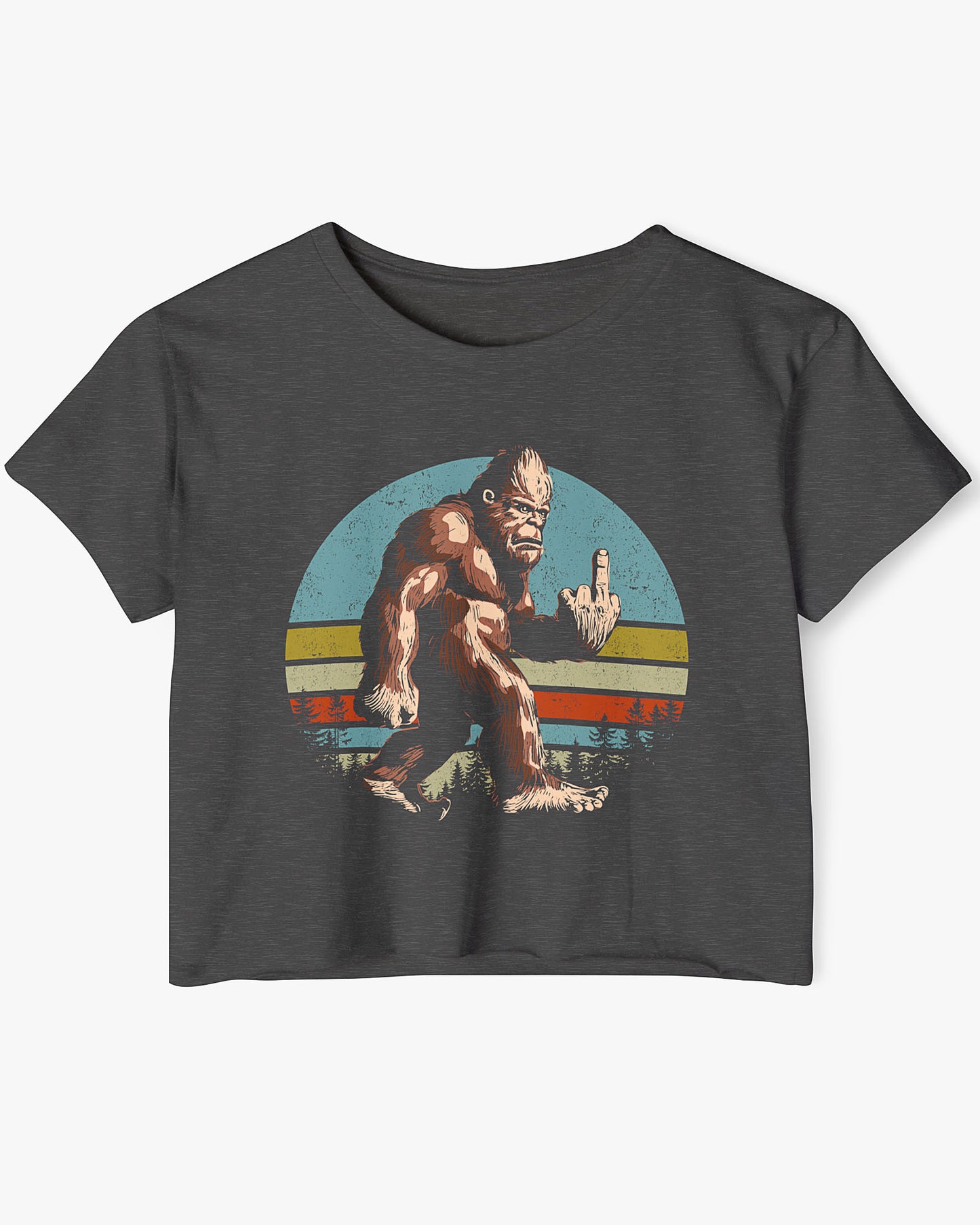 Flat lay of a charcoal crop top with a funny retro-style Bigfoot flipping the middle finger graphic.