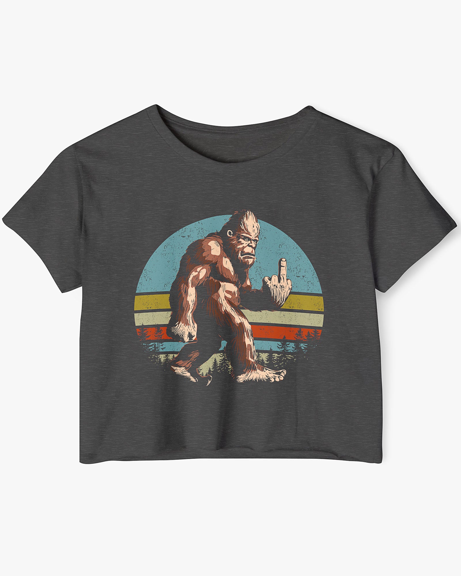 Flat lay of a charcoal crop top with a funny retro-style Bigfoot flipping the middle finger graphic.