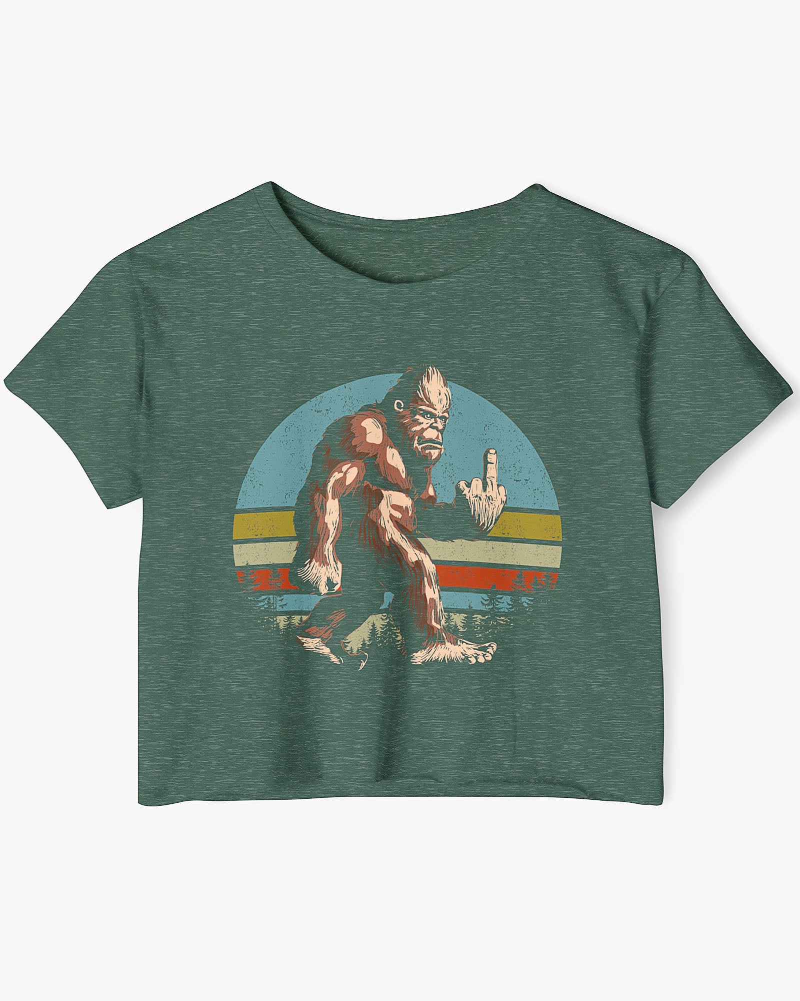 Flat lay of a royal pine crop top with a funny retro-style Bigfoot flipping the middle finger graphic.