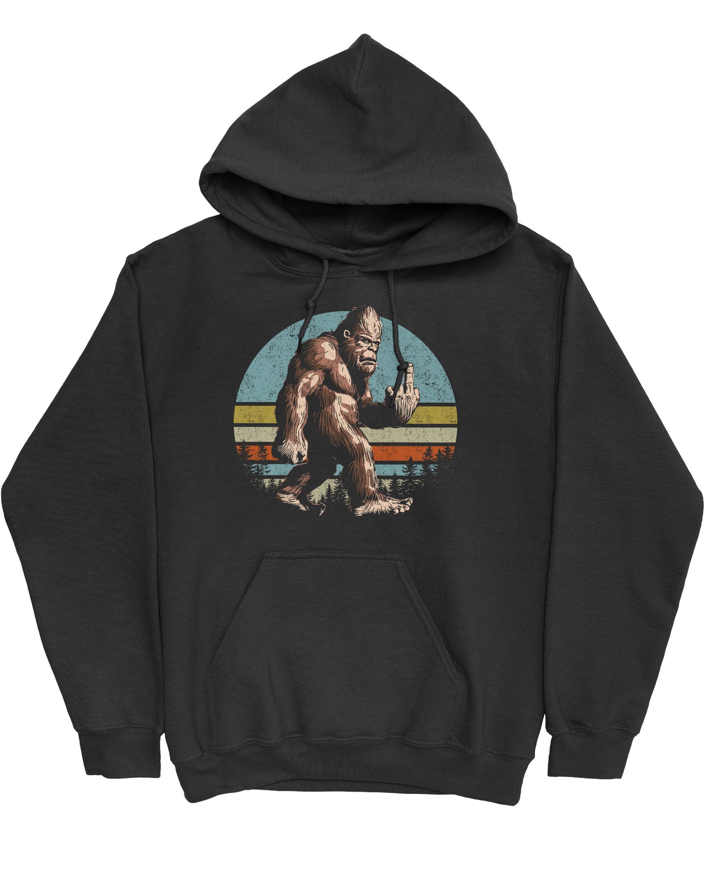 Flat lay of a black hoodie with a funny retro graphic of Bigfoot showing the middle finger.