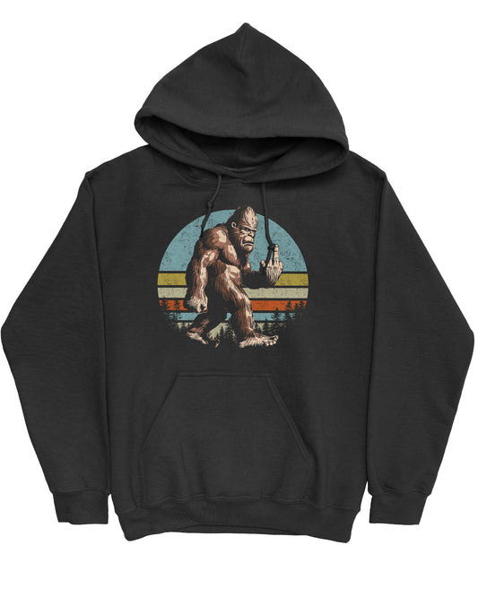 Flat lay of a black hoodie with a funny retro graphic of Bigfoot showing the middle finger.