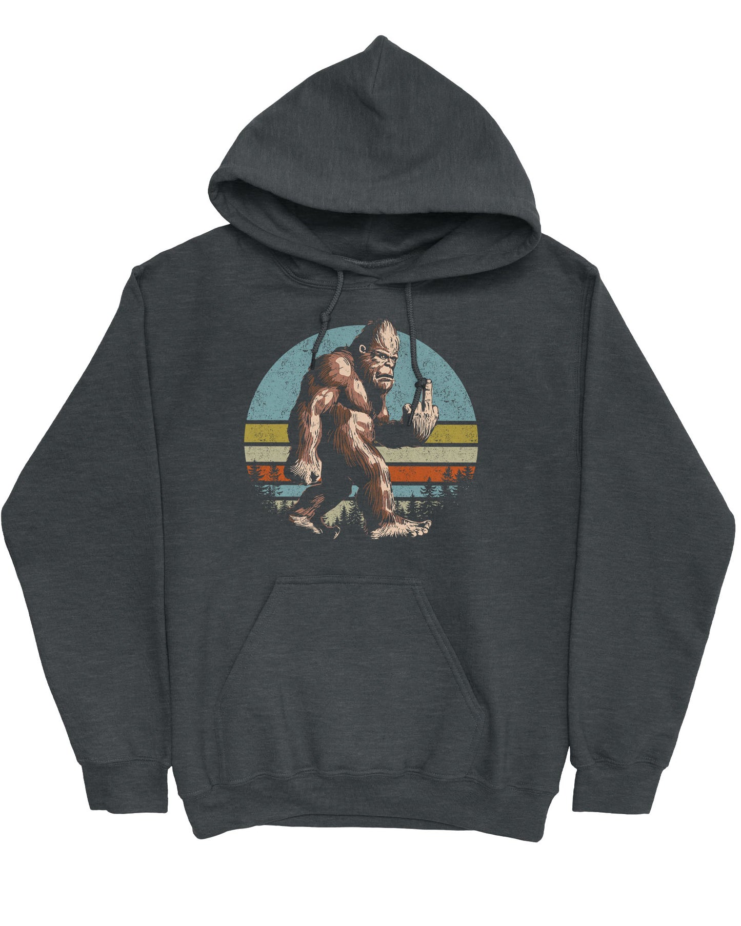 Flat lay of a dark heather hoodie with a funny retro graphic of Bigfoot showing the middle finger.