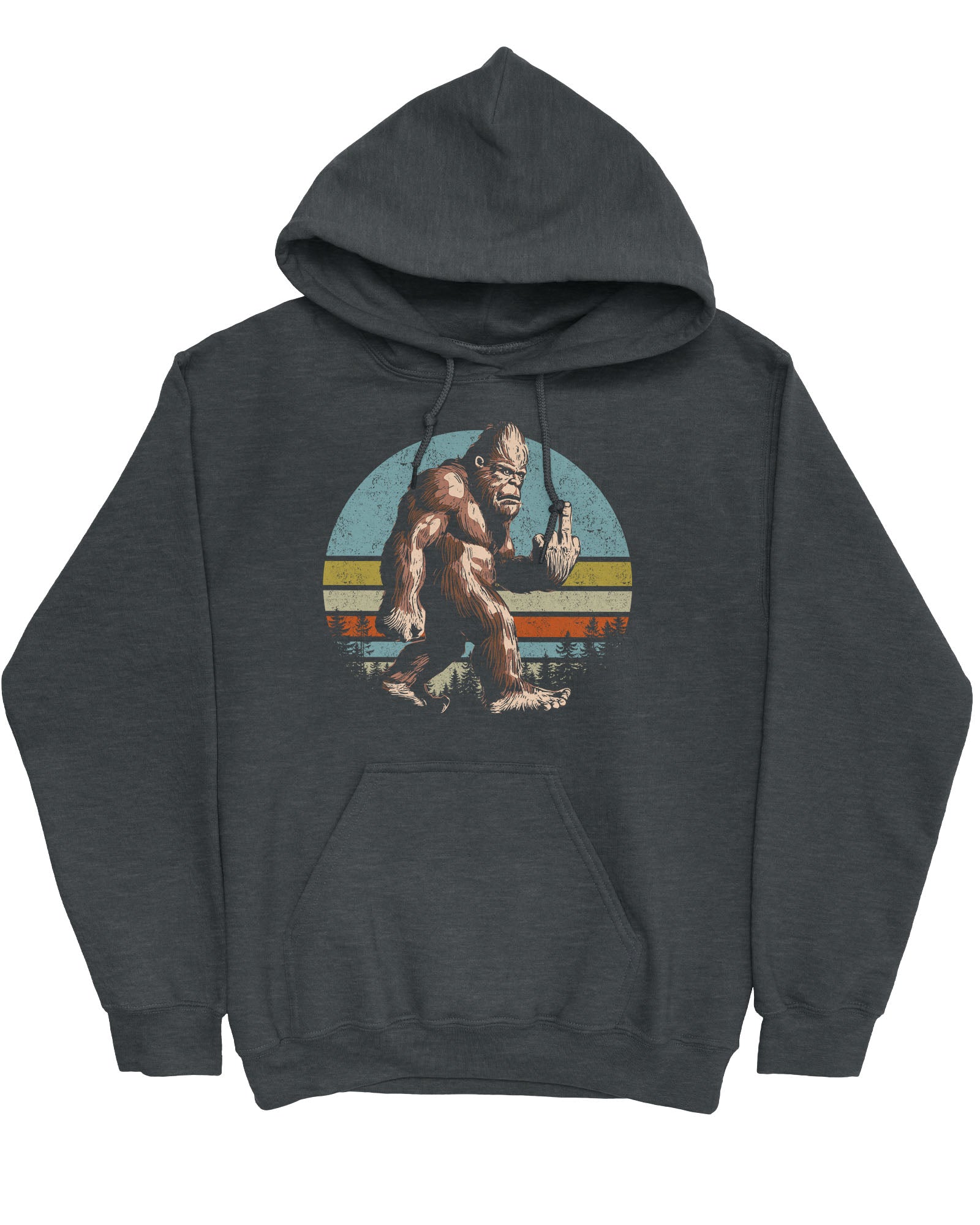 Flat lay of a dark heather hoodie with a funny retro graphic of Bigfoot showing the middle finger.