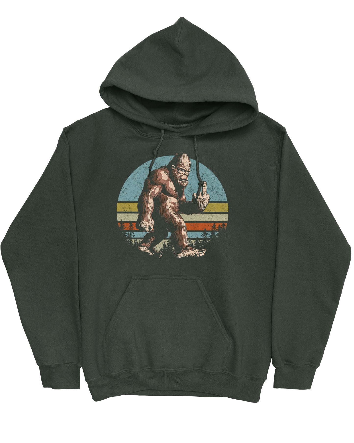 Flat lay of a forest green hoodie with a funny retro graphic of Bigfoot showing the middle finger.