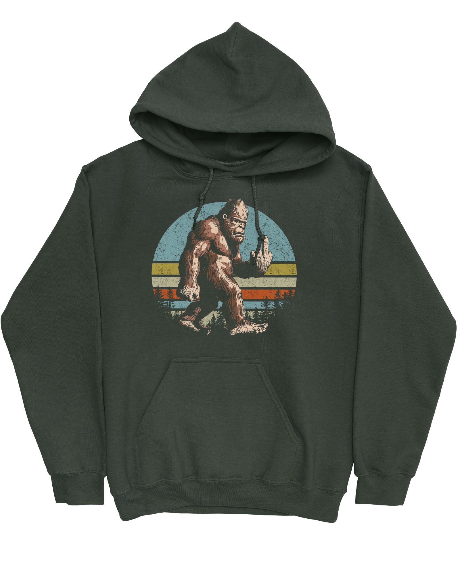 Flat lay of a forest green hoodie with a funny retro graphic of Bigfoot showing the middle finger.