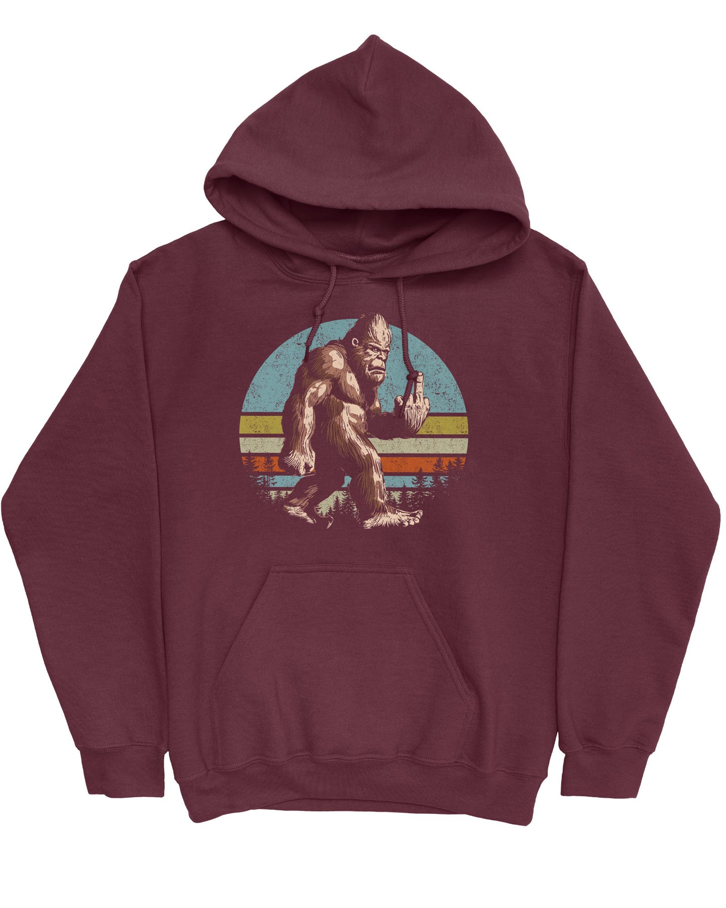 Flat lay of a maroon hoodie with a funny retro graphic of Bigfoot showing the middle finger.