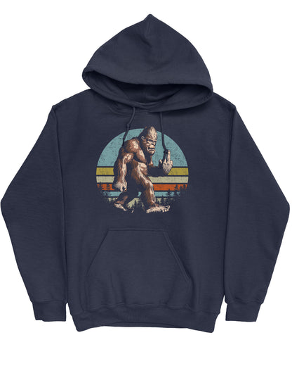 Flat lay of a navy hoodie with a funny retro graphic of Bigfoot showing the middle finger.
