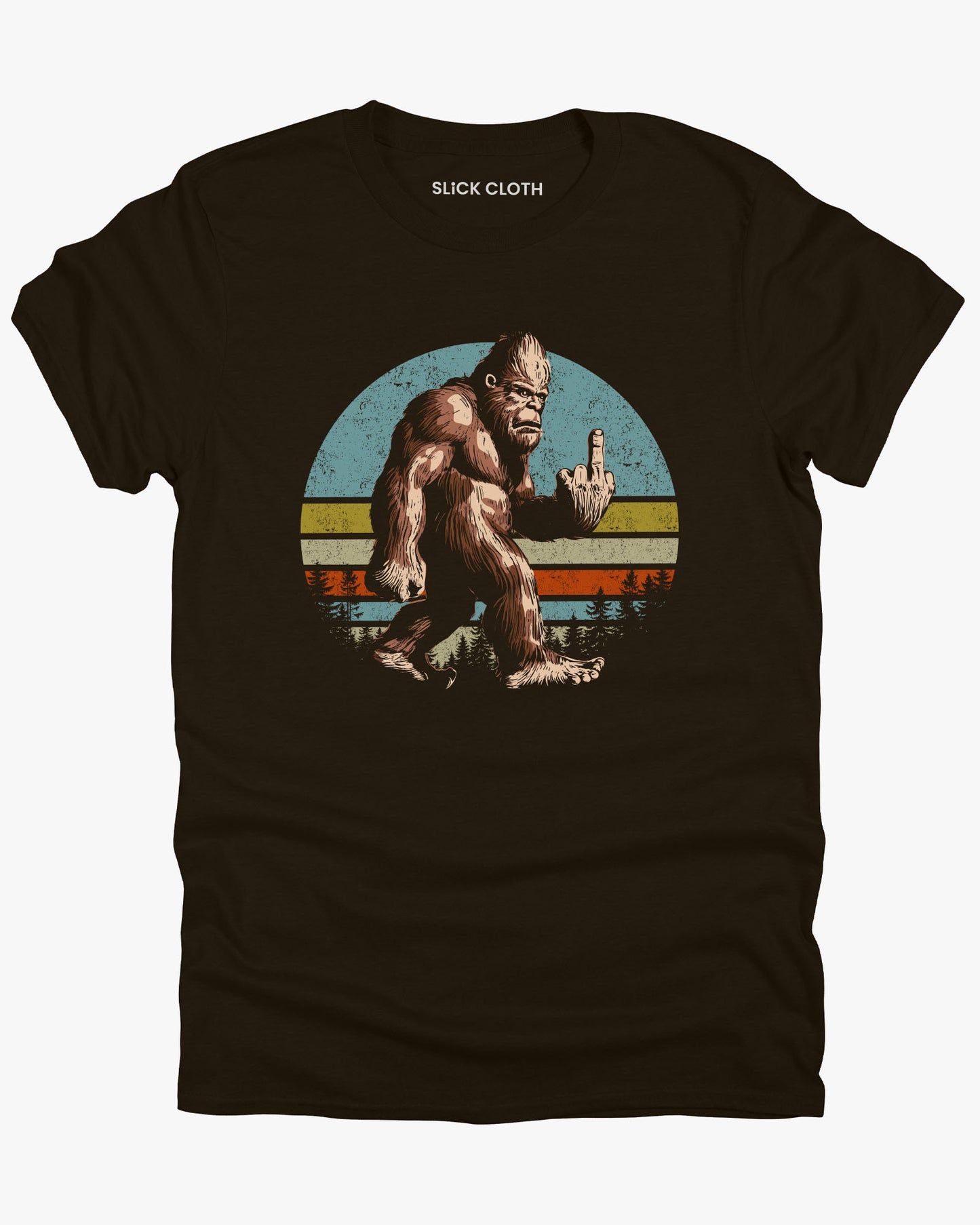 Flat lay dark chocolate color tee with funny vintage Bigfoot showing middle finger graphic