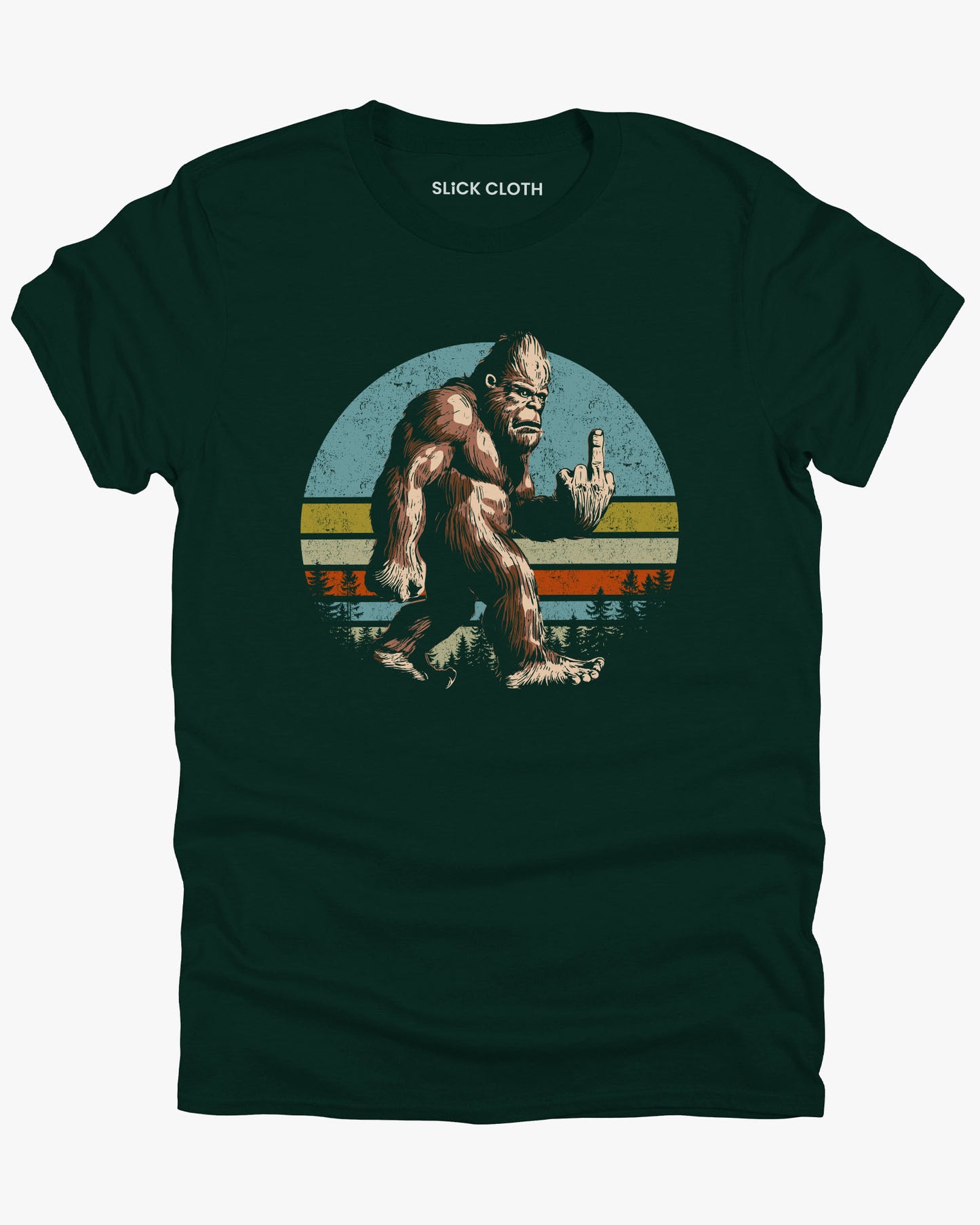 Flat lay forest green color shirt with funny retro Bigfoot showing middle finger graphic