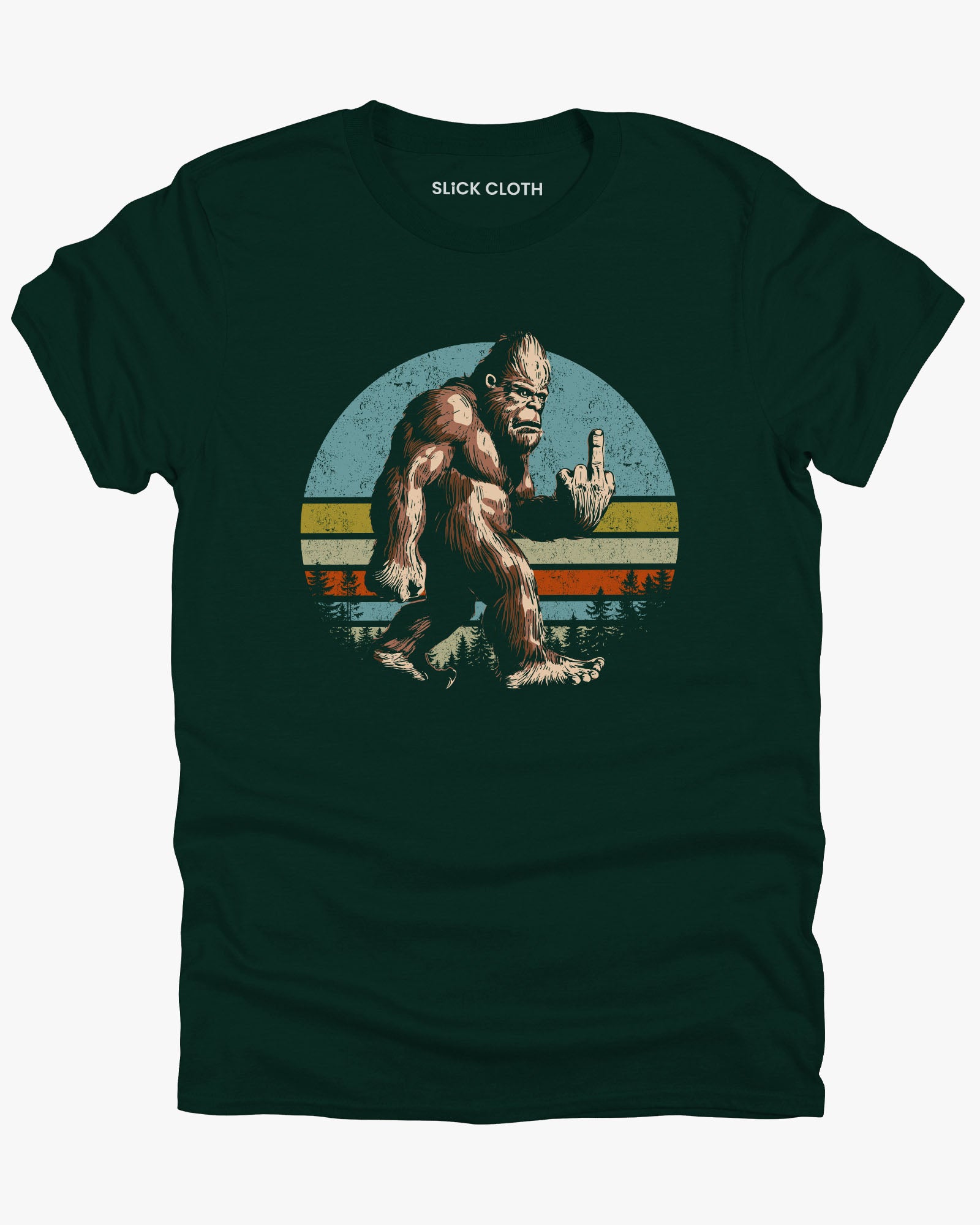 Flat lay forest green color shirt with funny retro Bigfoot showing middle finger graphic