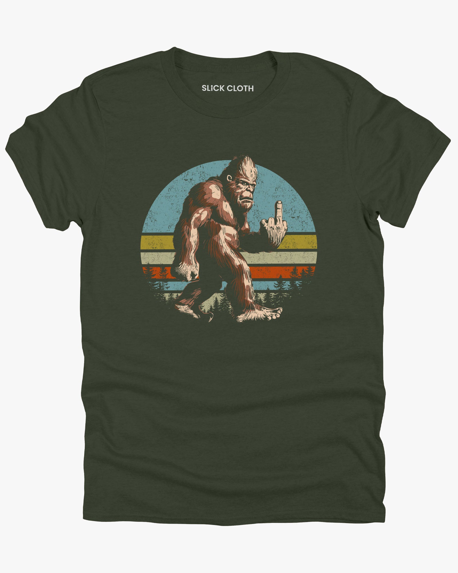 Flat lay military green t-shirt with funny Bigfoot showing the middle finger graphic