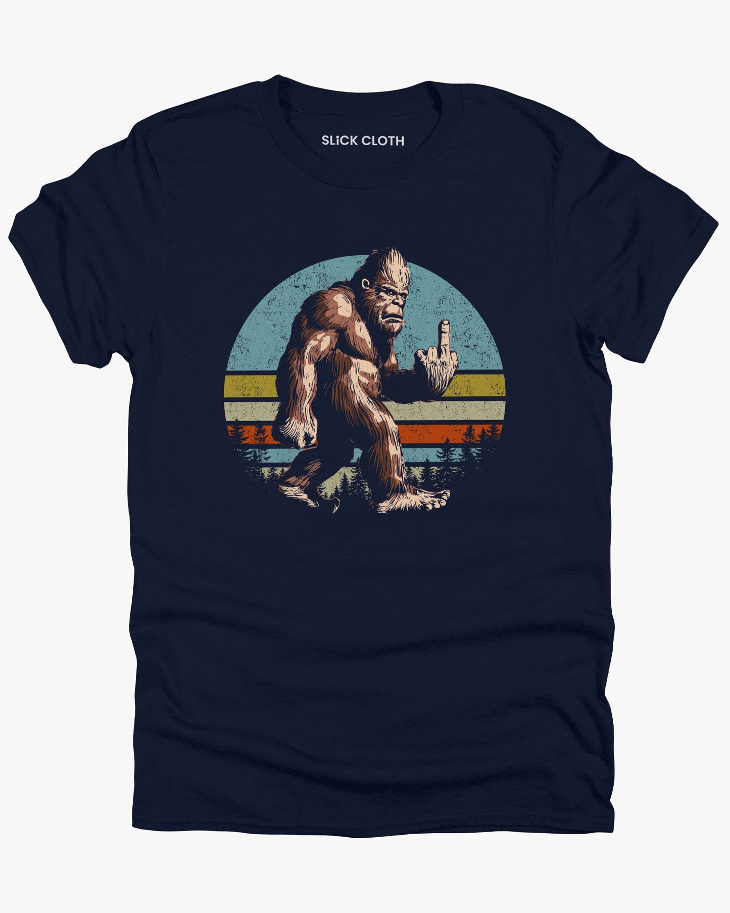 Navy blue color shirt with funny retro Bigfoot showing middle finger graphic. 