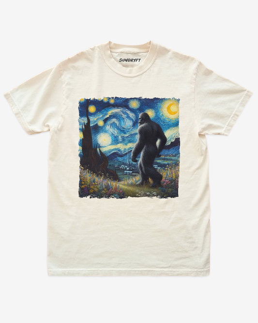 Retro “Bigfoot Starry Night” graphic on ivory vintage-style tee