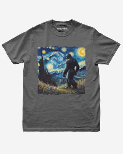 Retro “Bigfoot Starry Night” graphic on pepper vintage-style tee