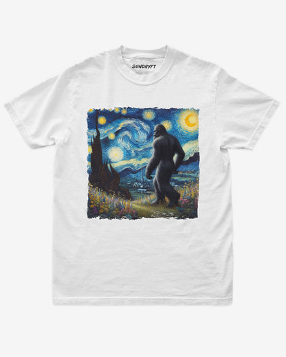 Retro “Bigfoot Starry Night” graphic on white vintage-style tee