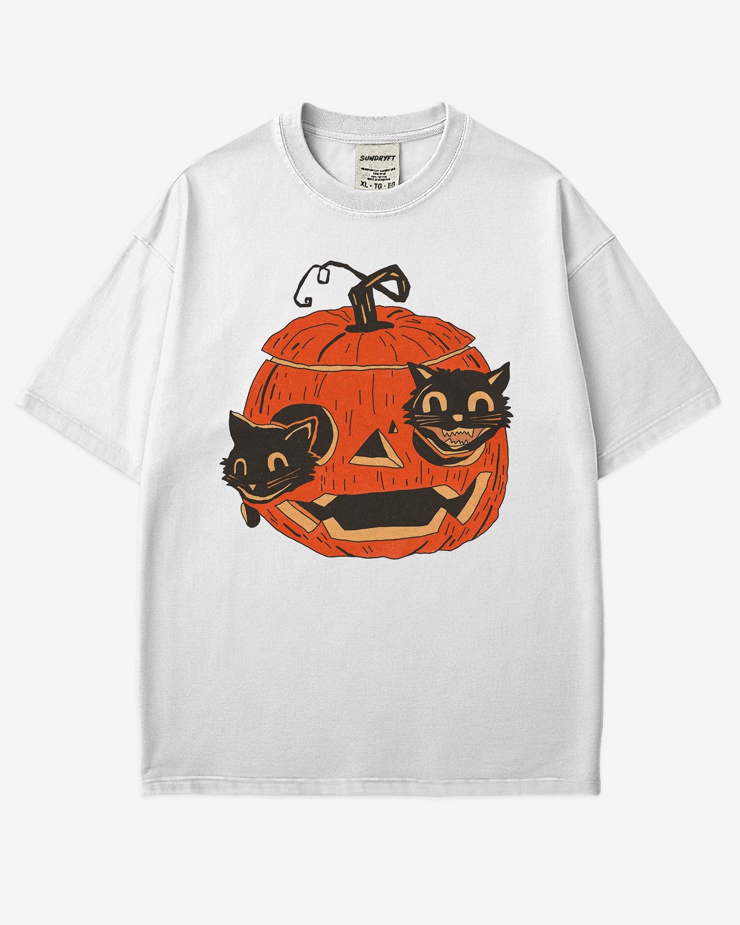 white-colored Black Cats in Pumpkin Shirt – retro graphic tee with two black cats inside a carved Halloween pumpkin