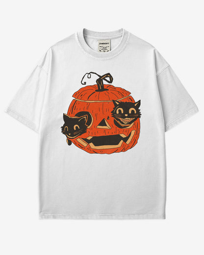 white-colored Black Cats in Pumpkin Shirt – retro graphic tee with two black cats inside a carved Halloween pumpkin