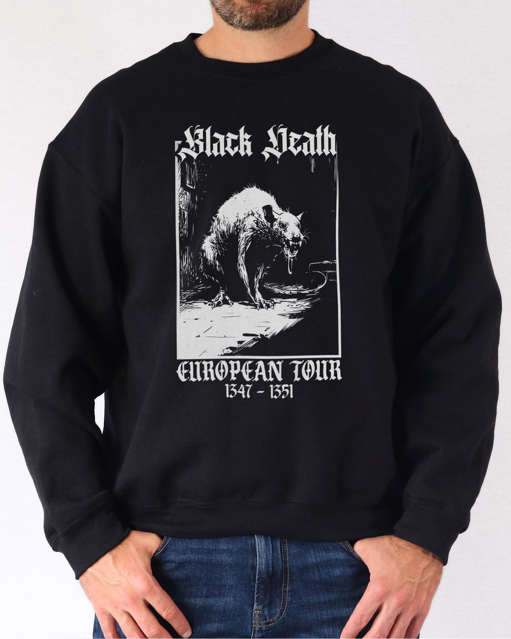 Man wearing black Black Death European Tour sweatshirt with funny retro medieval rat graphic