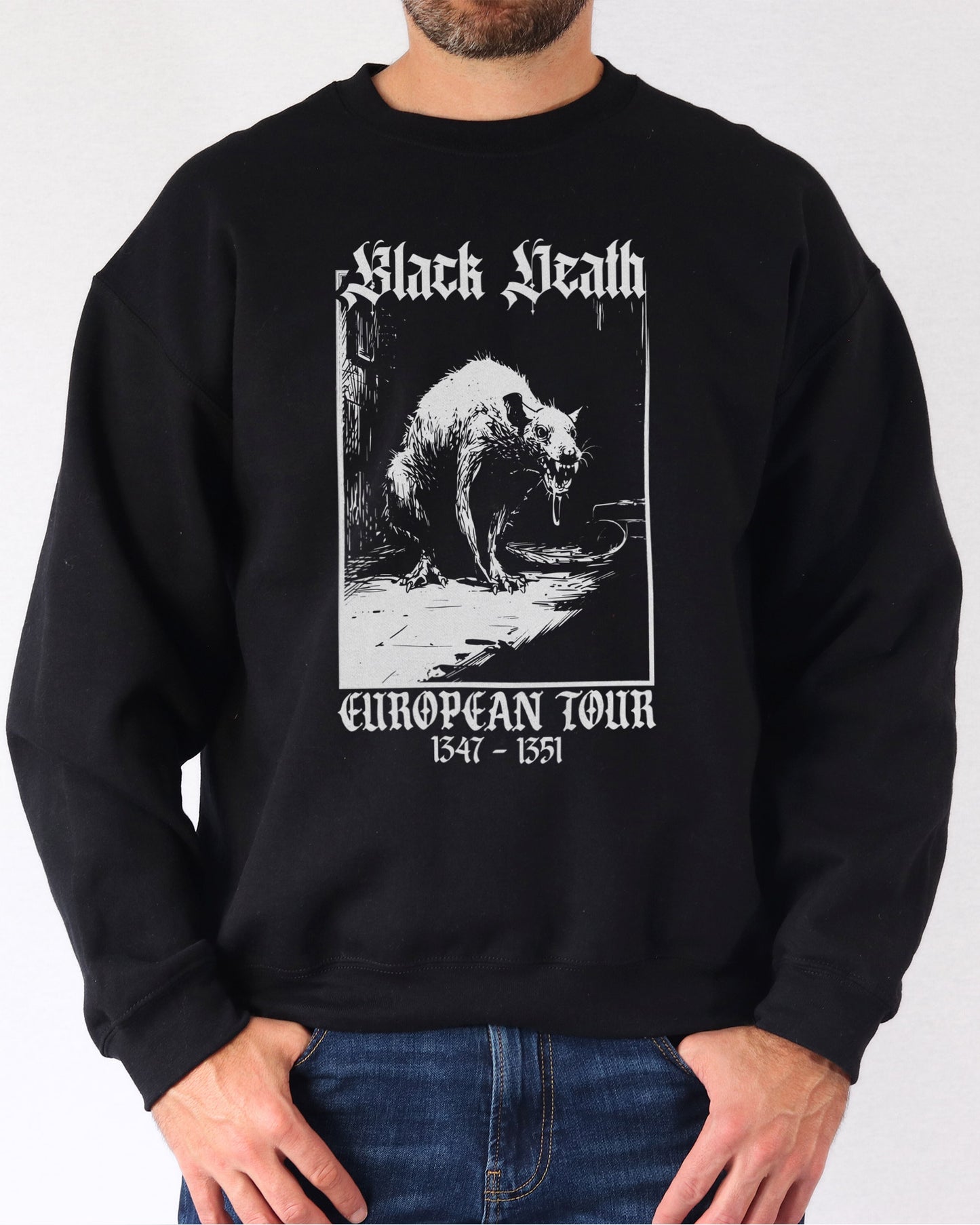 Man wearing black Black Death European Tour sweatshirt with funny retro medieval rat graphic