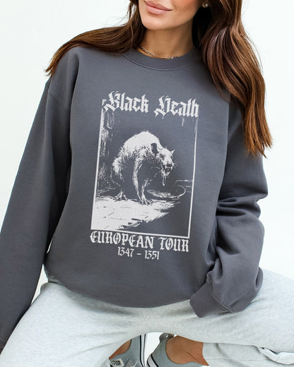 Black Death European Tour sweatshirt with funny retro medieval rat graphic 