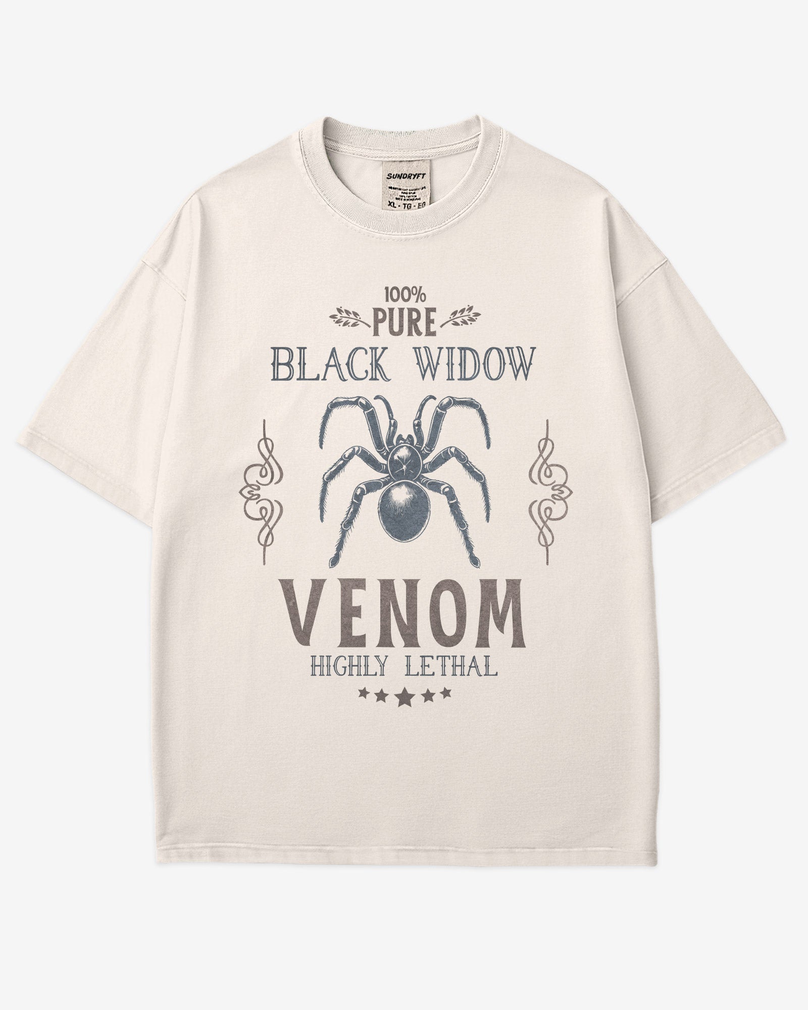 Black Widow Venom Shirt in ivory color with retro Halloween black widow graphic reading 100% pure venom highly lethal on soft cotton tee
