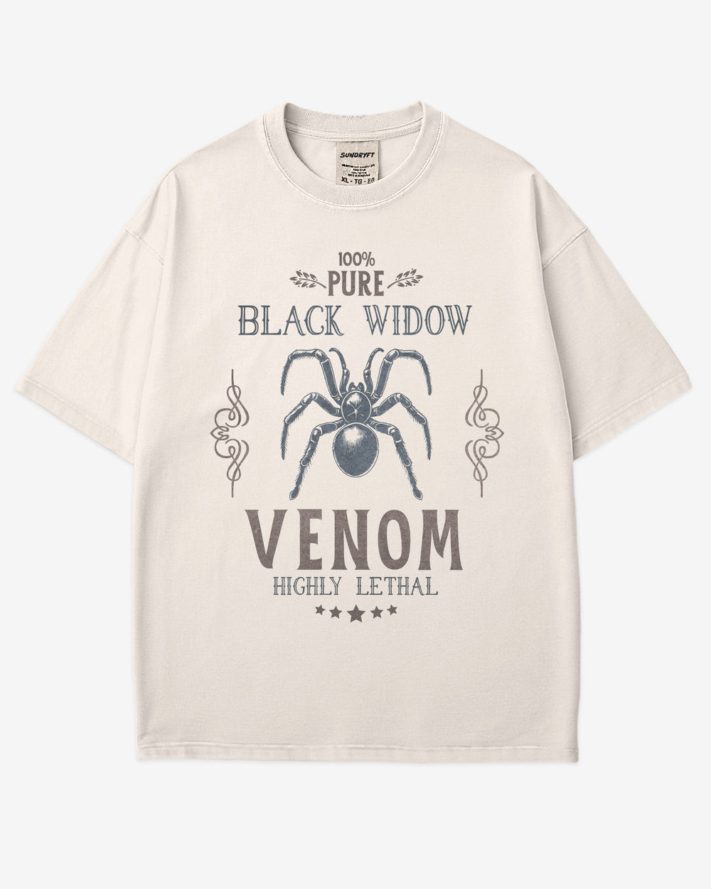Black Widow Venom Shirt in ivory color with retro Halloween black widow graphic reading 100% pure venom highly lethal on soft cotton tee