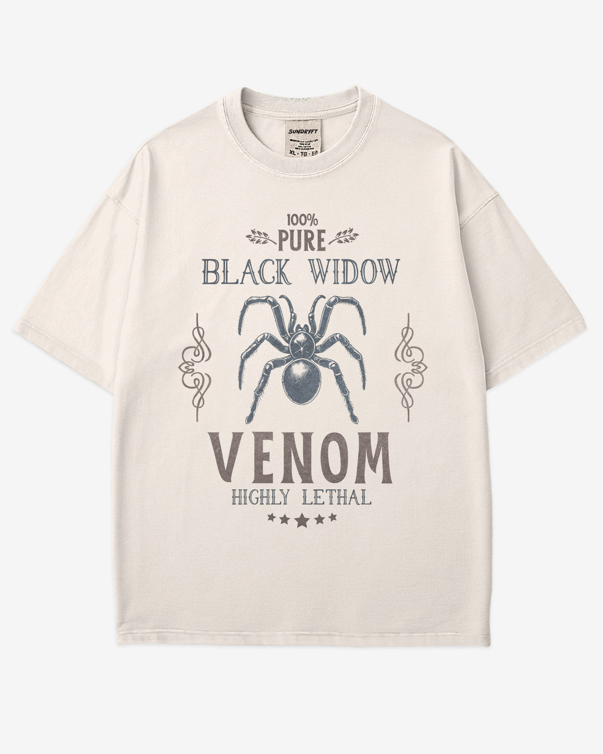 Black Widow Venom Shirt in ivory color with retro Halloween black widow graphic reading 100% pure venom highly lethal on soft cotton tee