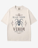 Black Widow Venom Shirt in ivory color with retro Halloween black widow graphic reading 100% pure venom highly lethal on soft cotton tee