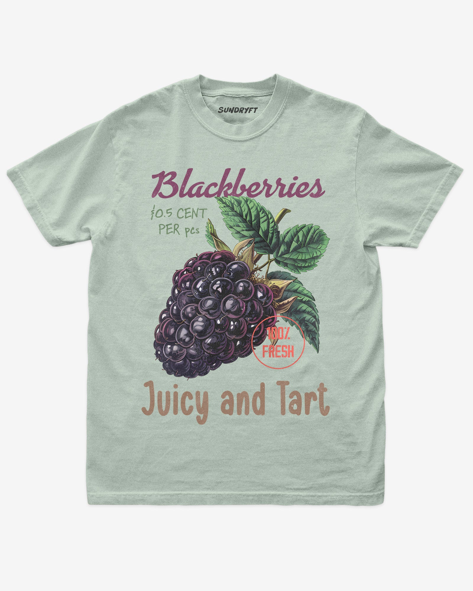 Flat lay of bay Blackberries Fruit Shirt, retro 90s vintage fruit graphic tee with juicy blackberry design
