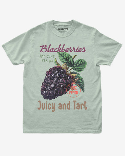 Flat lay of bay Blackberries Fruit Shirt, retro 90s vintage fruit graphic tee with juicy blackberry design