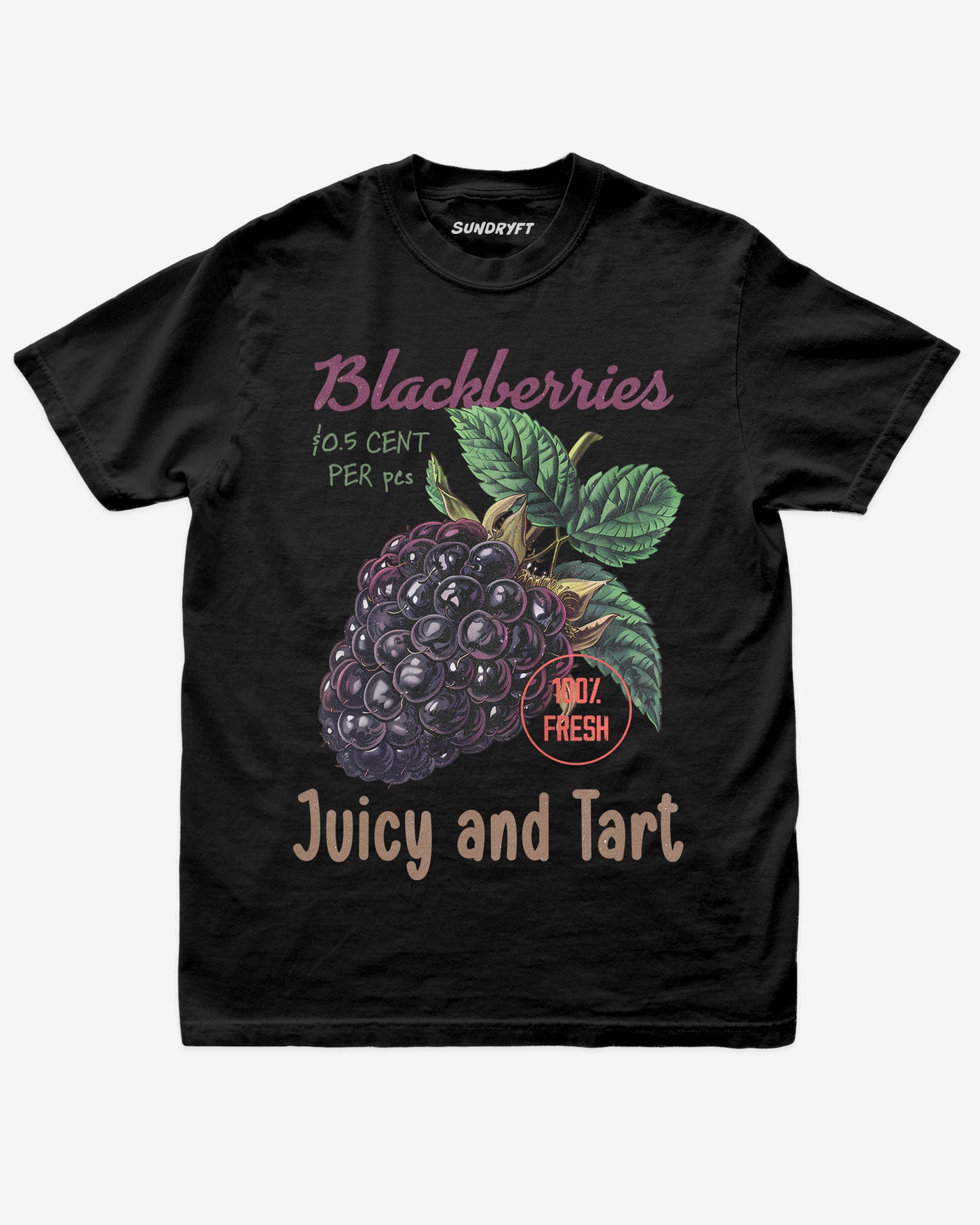 Flat lay of black Blackberries Fruit Shirt, retro 90s vintage fruit graphic tee with juicy blackberry design