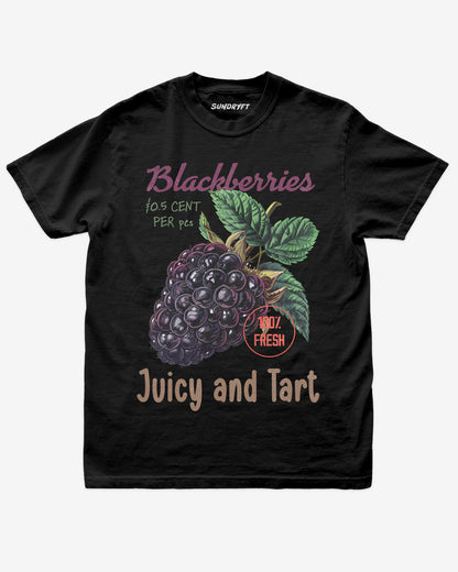 Flat lay of black Blackberries Fruit Shirt, retro 90s vintage fruit graphic tee with juicy blackberry design