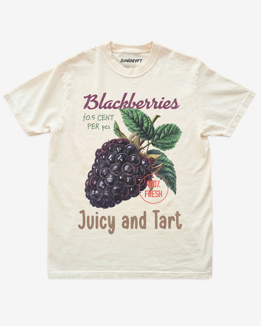 Flat lay of ivory Blackberries Fruit Shirt, retro 90s vintage fruit graphic tee with juicy blackberry design