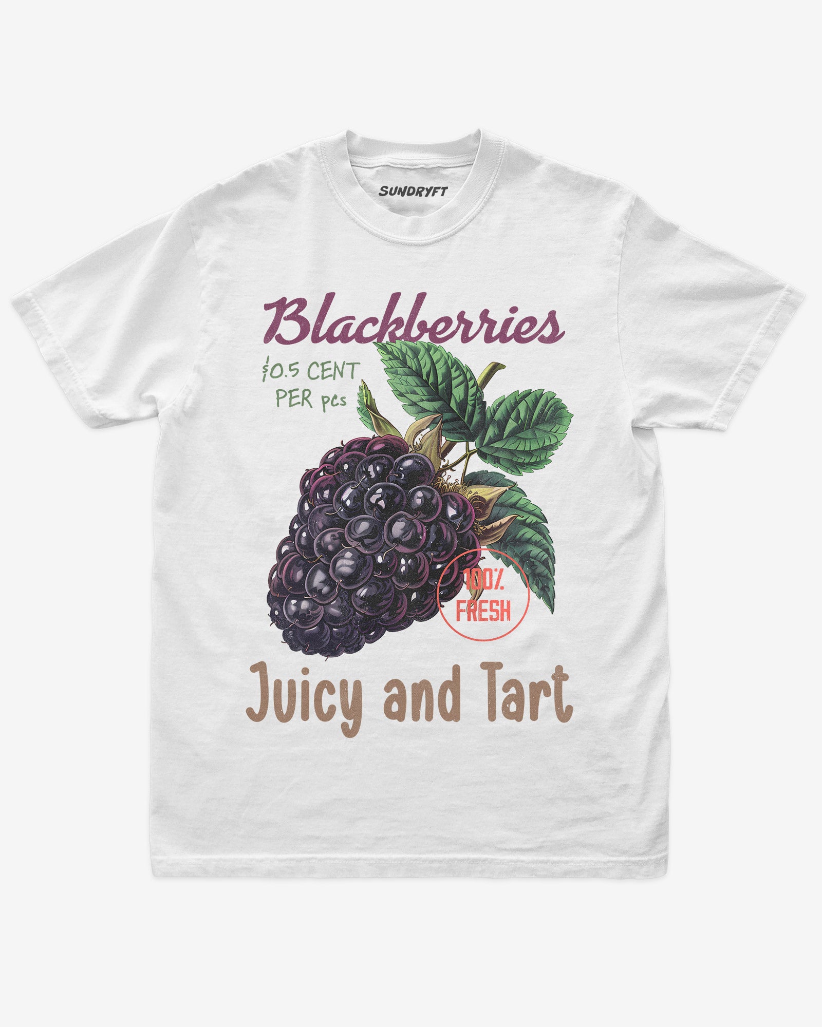 Flat lay of white Blackberries Fruit Shirt, retro 90s vintage fruit graphic tee with juicy blackberry design