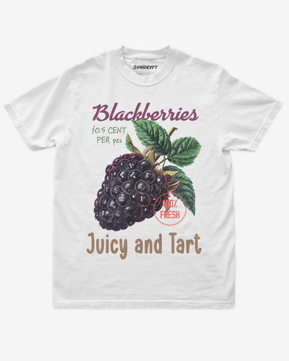 Flat lay of white Blackberries Fruit Shirt, retro 90s vintage fruit graphic tee with juicy blackberry design