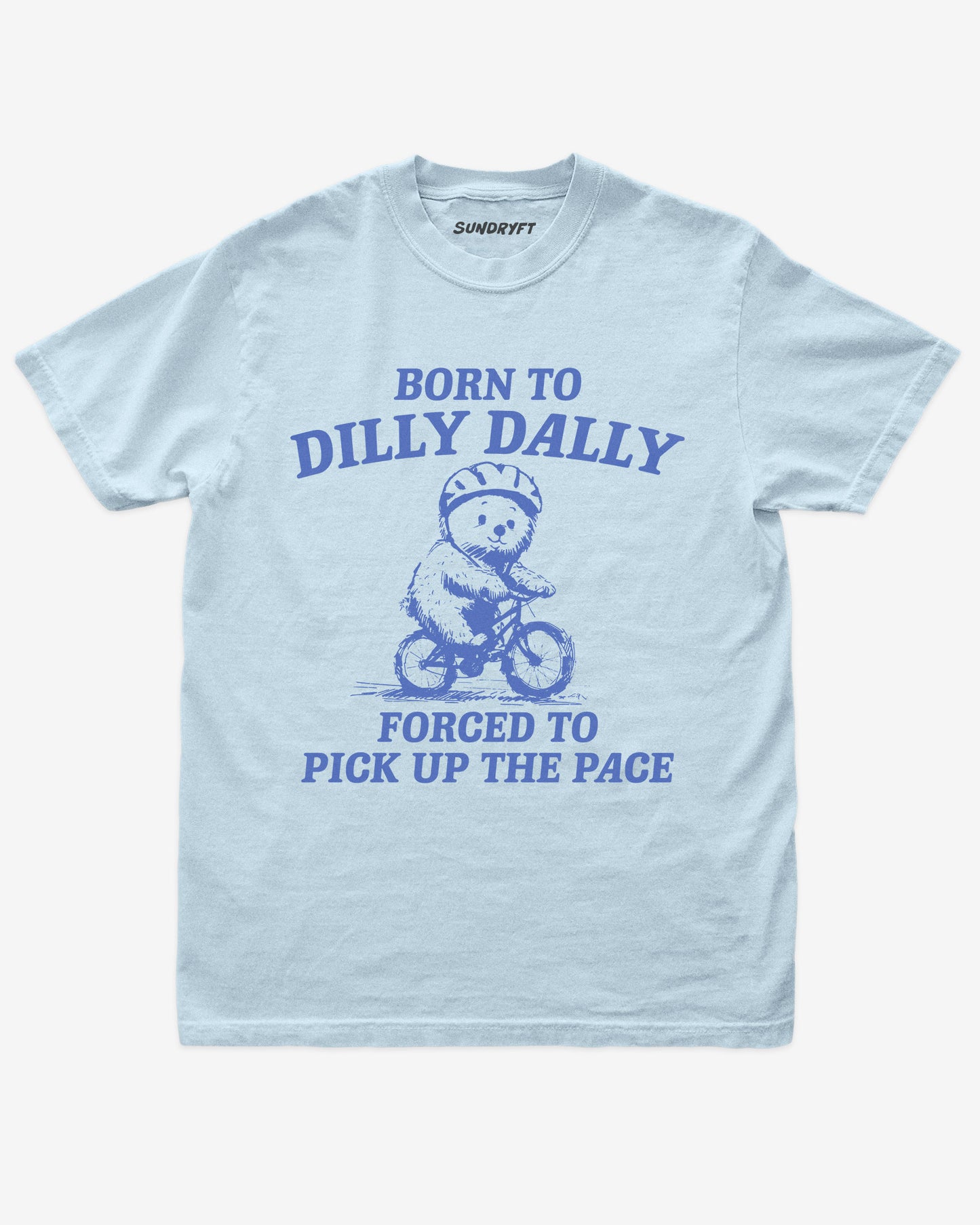 Born To Dilly Dally Forced To Pick Up The Pace shirt in chambray with bear riding bicycle graphic